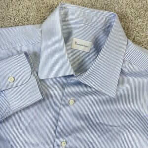 Ermenegildo Zegna Dress Shirt Mens 17.5 Blue White Micro Stripe Comfort Fit